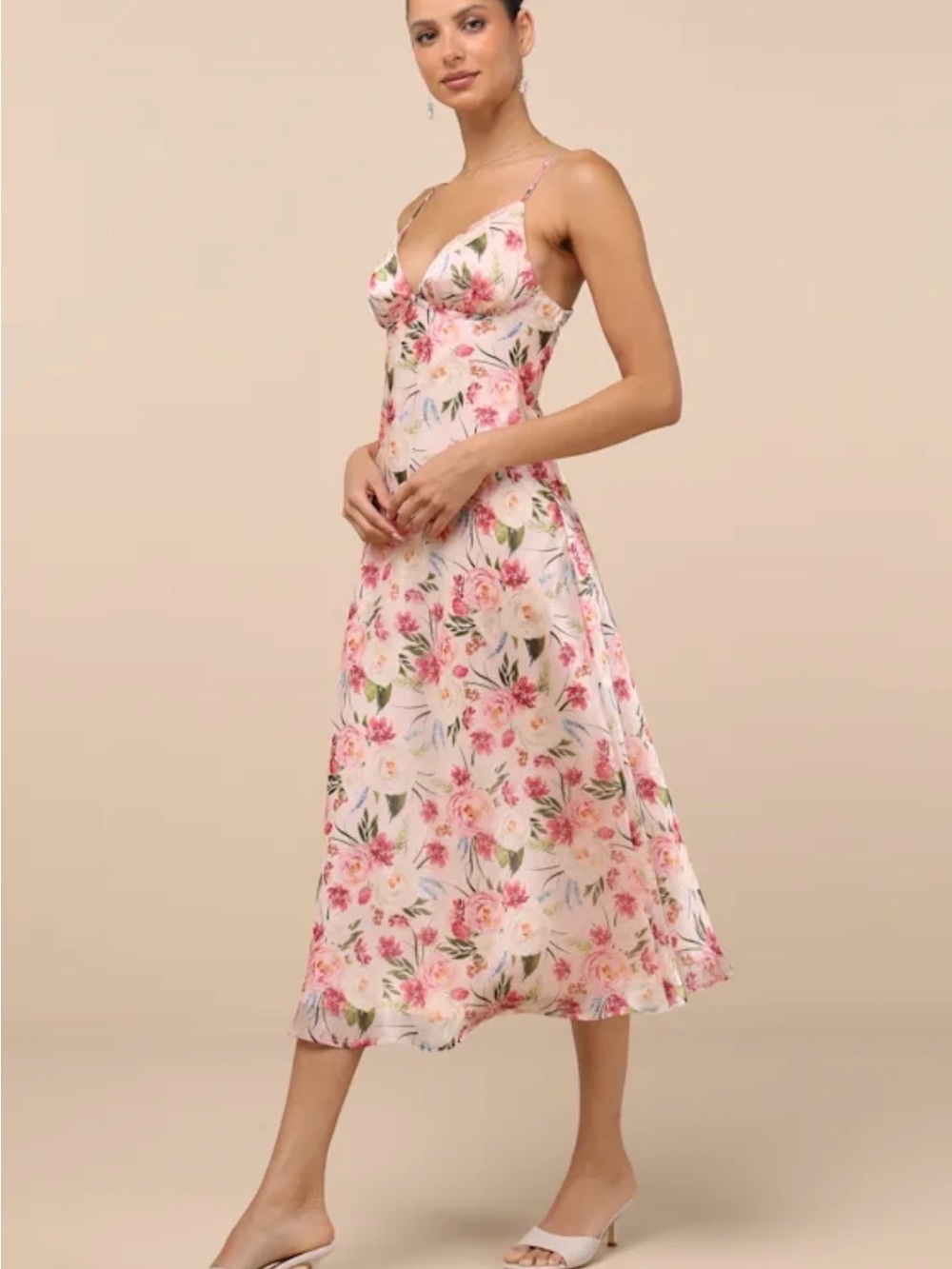 Lulus Floral Pink Midi Slip Dress with Spaghetti Straps